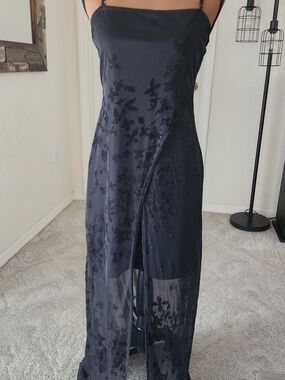 Vintage 90s Sheer Black Strap Prom Whimsygoth Fairy Velvet Floral Burnout Dress